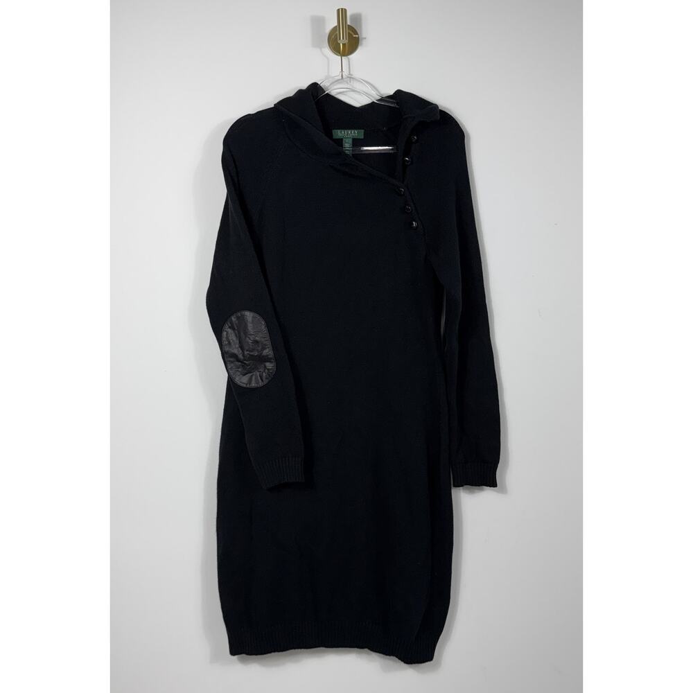 LAUREN Ralph Lauren Knit Dress Size Med Black with Leather Elbow Patches - Picture 1 of 6